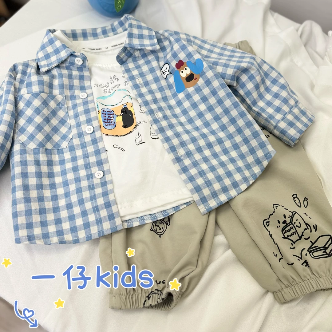 2025春季新款童装男宝女宝蓝白格子衬衫三件套套装春秋新款儿童