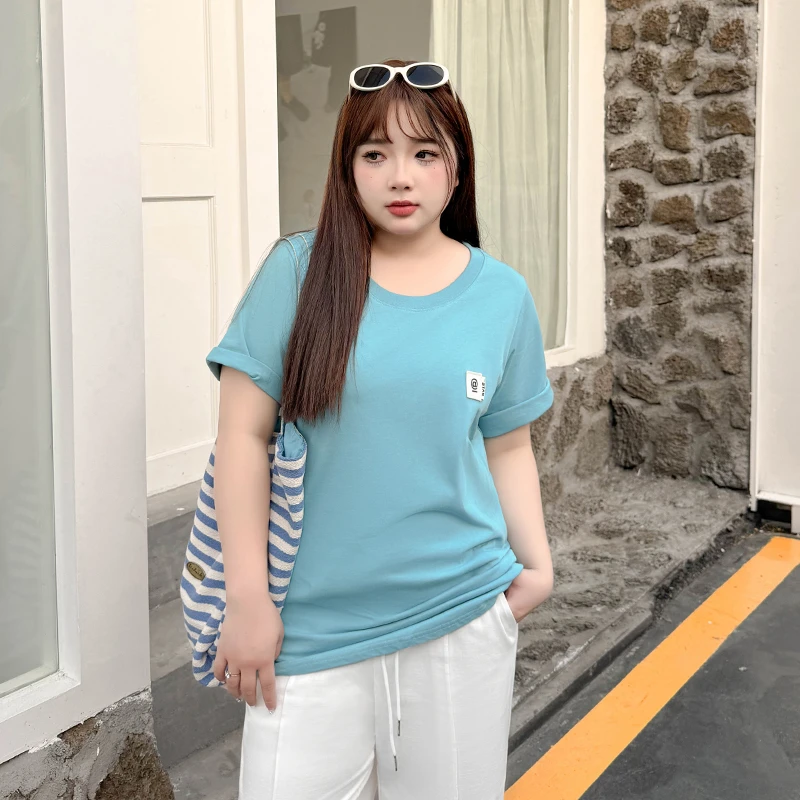 B2469-12大码女装【宝藏字母T】夏季贴标设计感圆领200斤中长款上衣