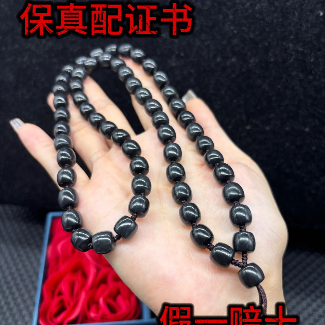 高端新疆和田玉聚墨青花桶珠8mm玉石挂坠绳毛衣链项链时尚百搭款