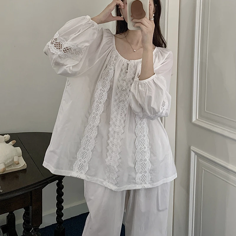 韩系复古宫廷纯色镂空花边纯棉睡衣女秋可外穿家居服 S25205