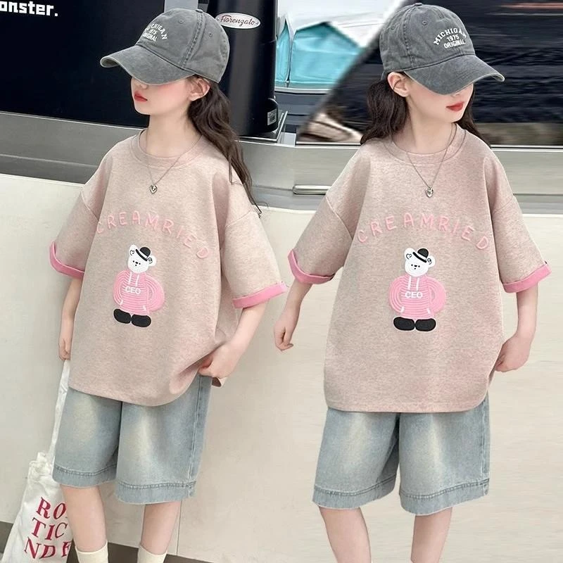 2025夏新款粉色女童短袖T恤时尚女孩休闲半袖中大童可爱圆领上衣