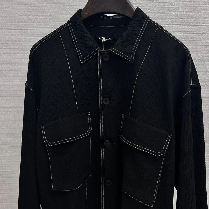 北纬三十度设计师男装春季明线方领褶皱休闲时尚舒适解构长袖衬衫