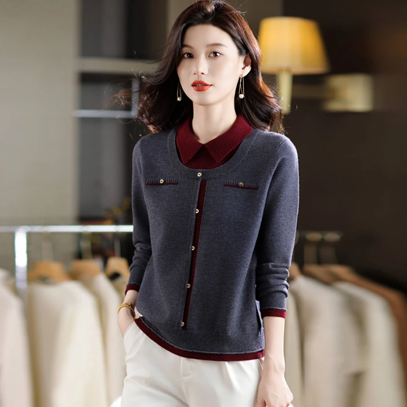 翻领假两件毛衣女2025年秋冬大码遮肚针织衫显瘦娃娃领上衣打底衫