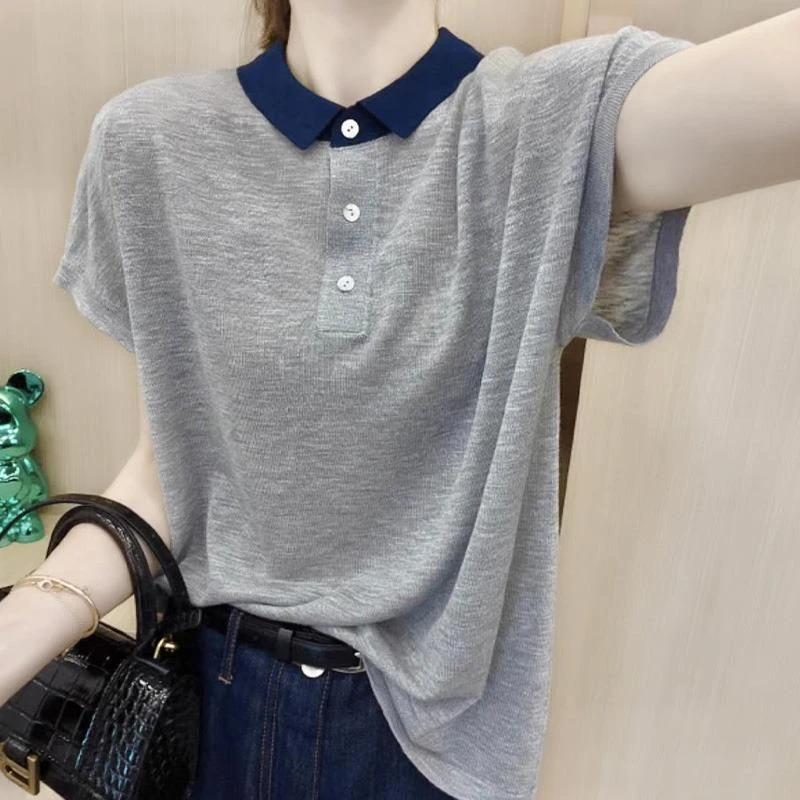 2025冰丝短袖 T 恤女春秋薄款条纹上衣 百搭 Polo 衫