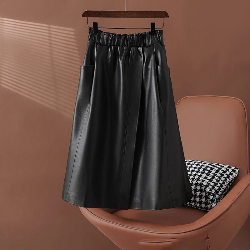 【依依】海宁真皮皮裙女时尚百搭绵羊皮松紧腰大摆裙