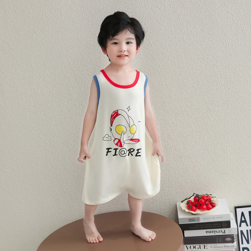 儿童连体睡衣小男孩夏季无袖莫代尔睡裙空调服宝宝睡袋夏天家居服