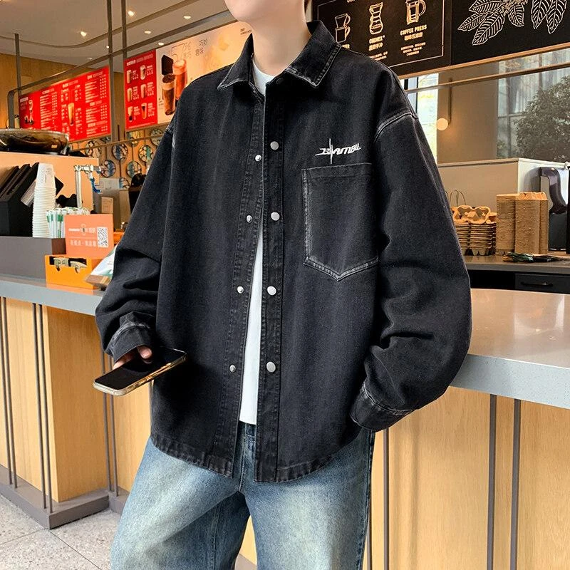 2025春秋季新款青少年男生日系复古宽松牛仔衬衫男装上衣帅气外套