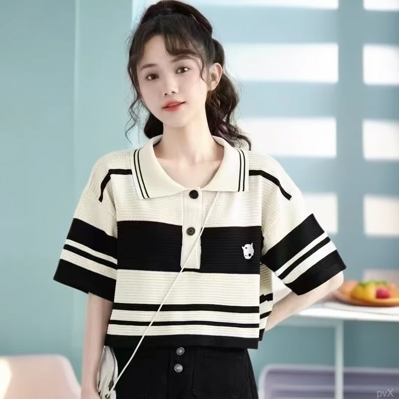 超好看撞色条纹刺绣设计感针织t恤女2025夏季polo领独特别致上衣