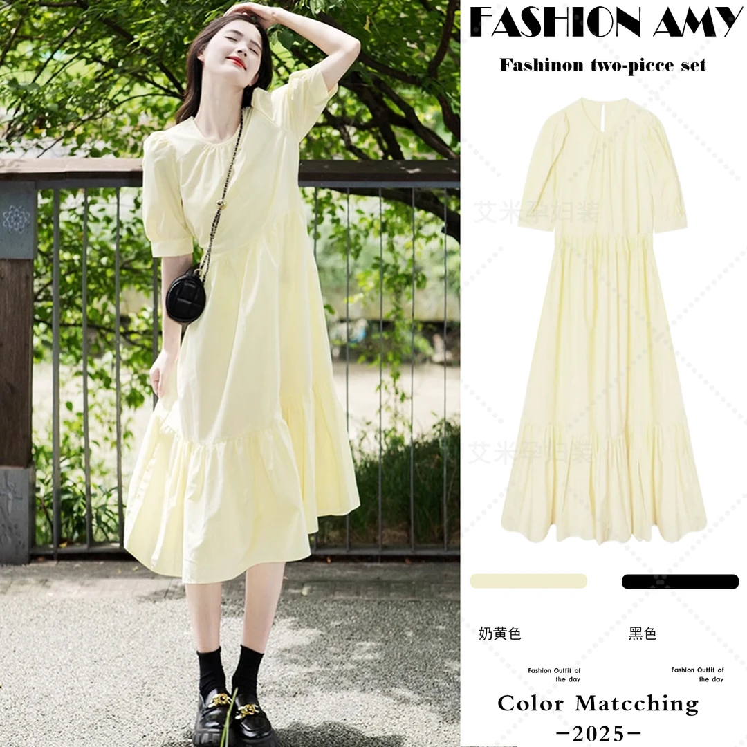 孕妇连衣裙夏季新款时尚小个子法式气质温柔风夏季泡泡袖显瘦裙子