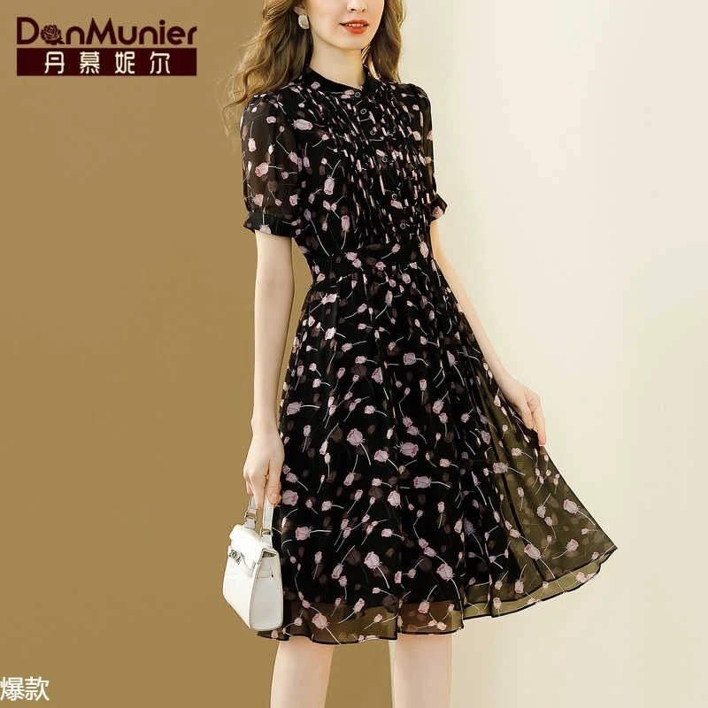 丹慕妮尔黑色法式碎花雪纺连衣裙夏季新款女装气质收腰显瘦字裙