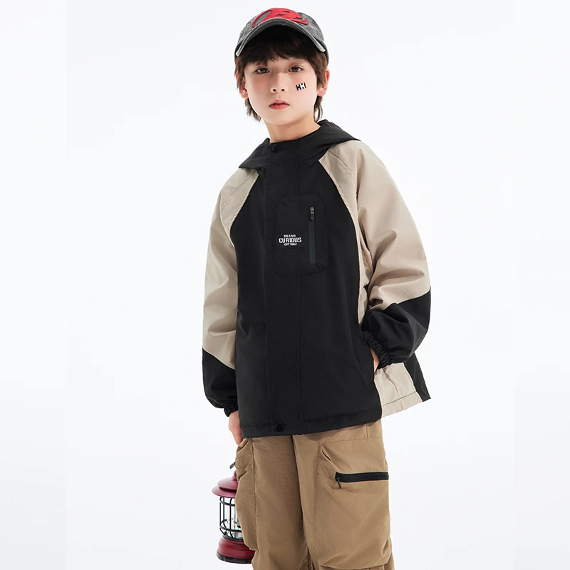 KKI冲锋衣学院风中大童春秋防风夹克外套男女童拼接外套宽松上衣