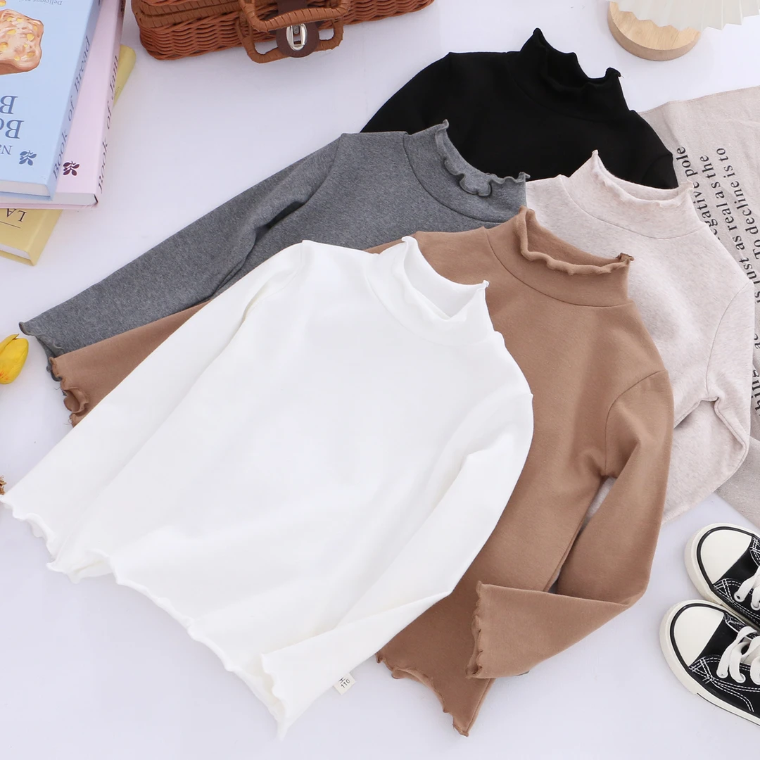 2025新款纯棉T恤女童长袖微高领打底衫女孩纯色外穿洋气时尚上衣