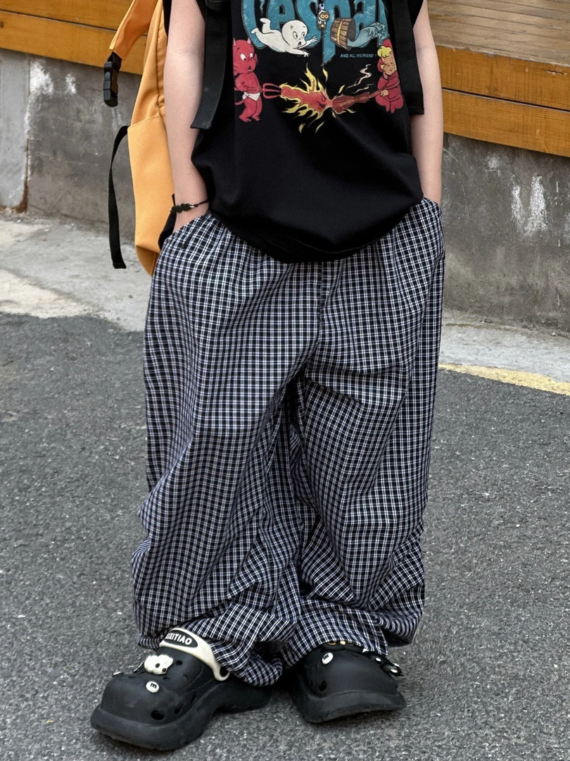 2025夏季新款儿童宽松纯棉格子防蚊裤直筒阔腿束脚裤男童长裤