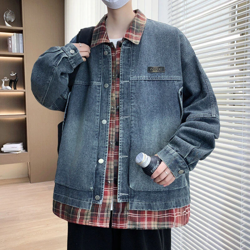 2025春季新款男生假两件翻领牛仔外套青少年学生宽松百搭休闲夹克