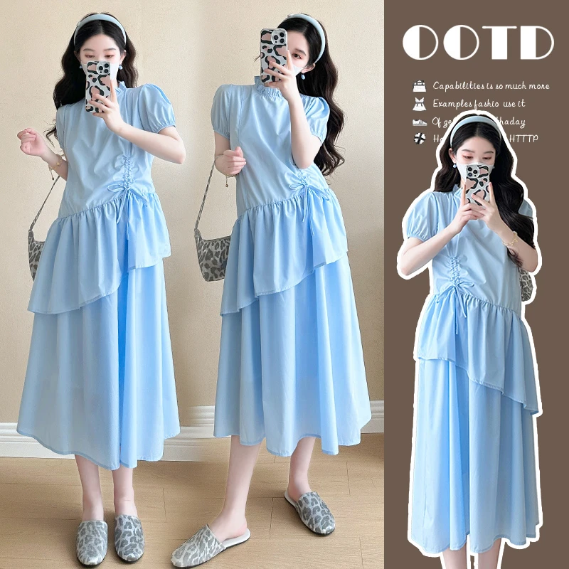 孕妇夏装韩版小清新时尚洋气2025夏新款高级感蓝色气质孕妇连衣裙