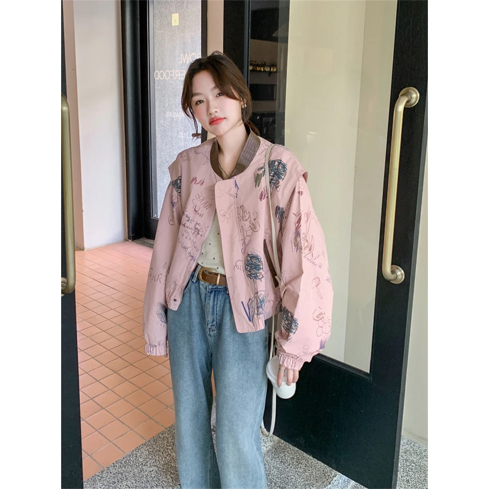 粉色涂鸦复古棒球服外套女春秋季新款假两件独特设计超好看上衣潮