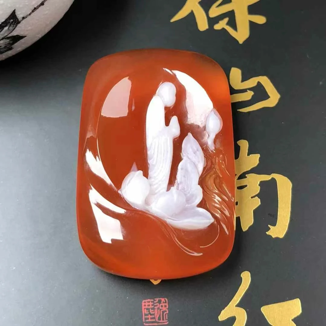 玮蔓珠宝 精品原矿保山南红冰红白料 悟道巧雕吊坠无裂 重23.1g