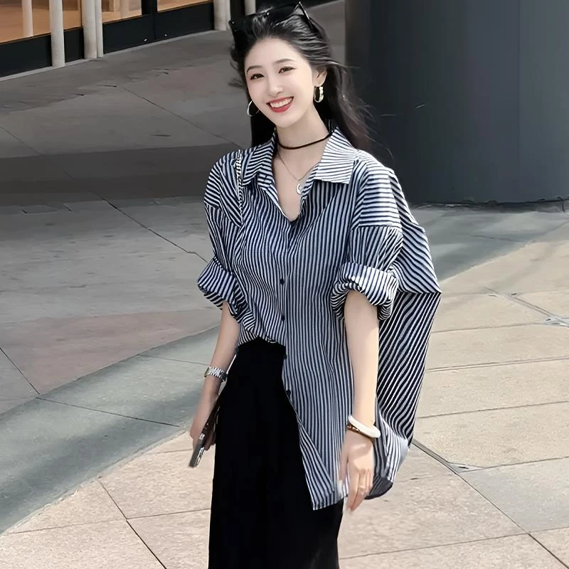 夜曲/衬衫 法式气质撞色薄款长袖条纹衬衫女2025新款夏季宽松上衣