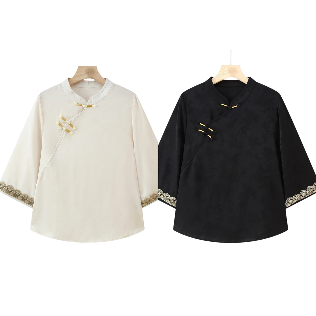 新中式斜襟立领提花上衣