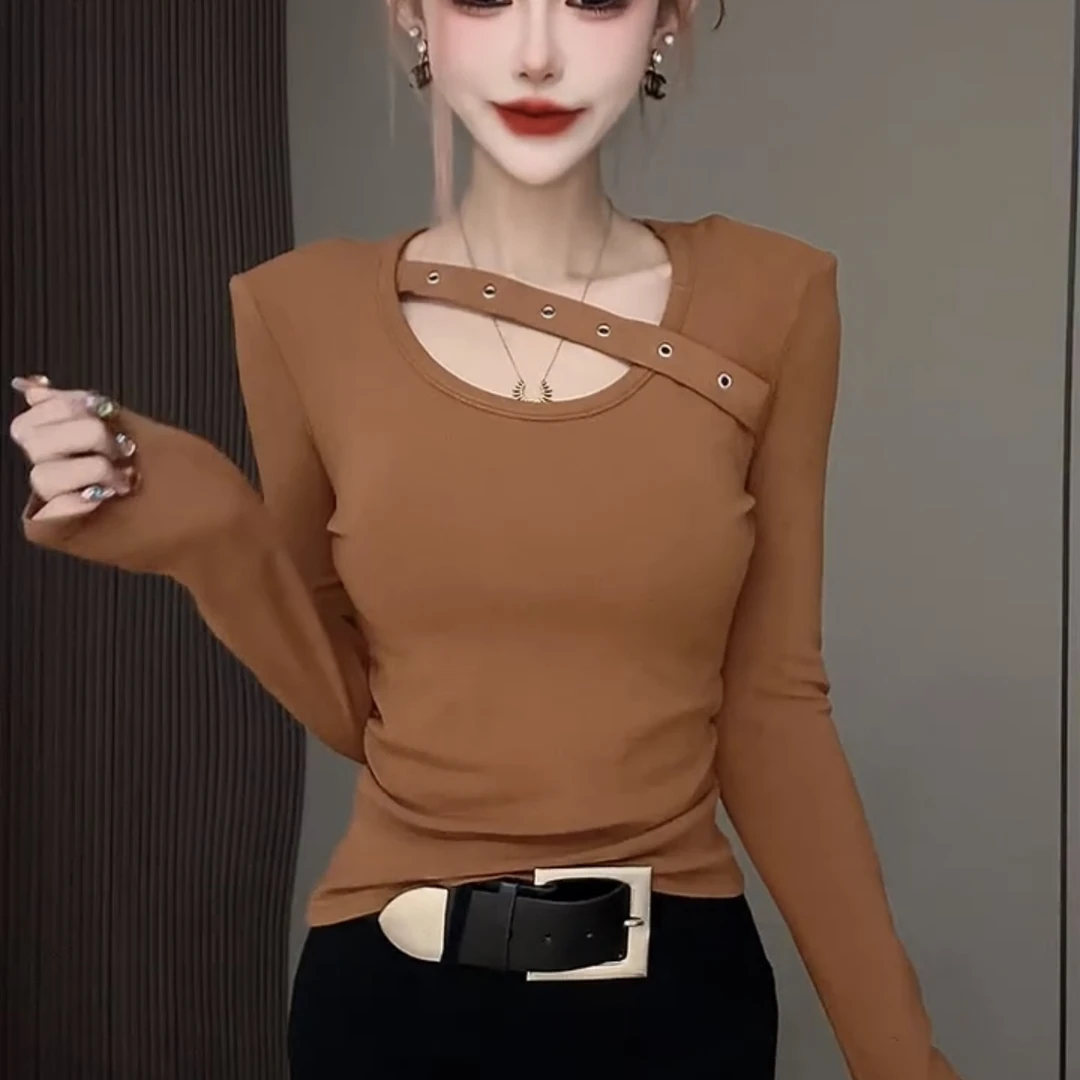 长袖拼接纯欲风辣妹风T恤常规铆钉复古港风