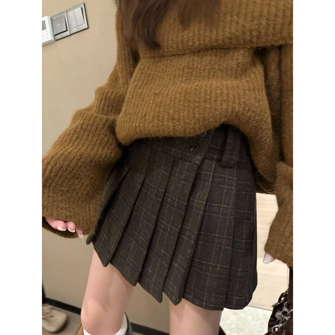 SP 羊毛格子百褶短裙女秋冬复古高腰A字美式学院风半身裙半裙