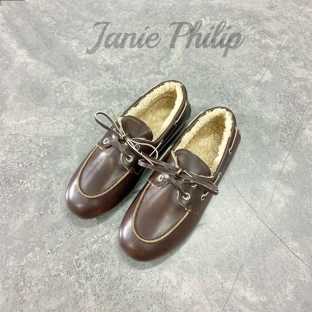 皮毛一体 秋冬毛毛鞋 复古做旧擦色 牛皮+羊羔毛 豆豆鞋乐福鞋