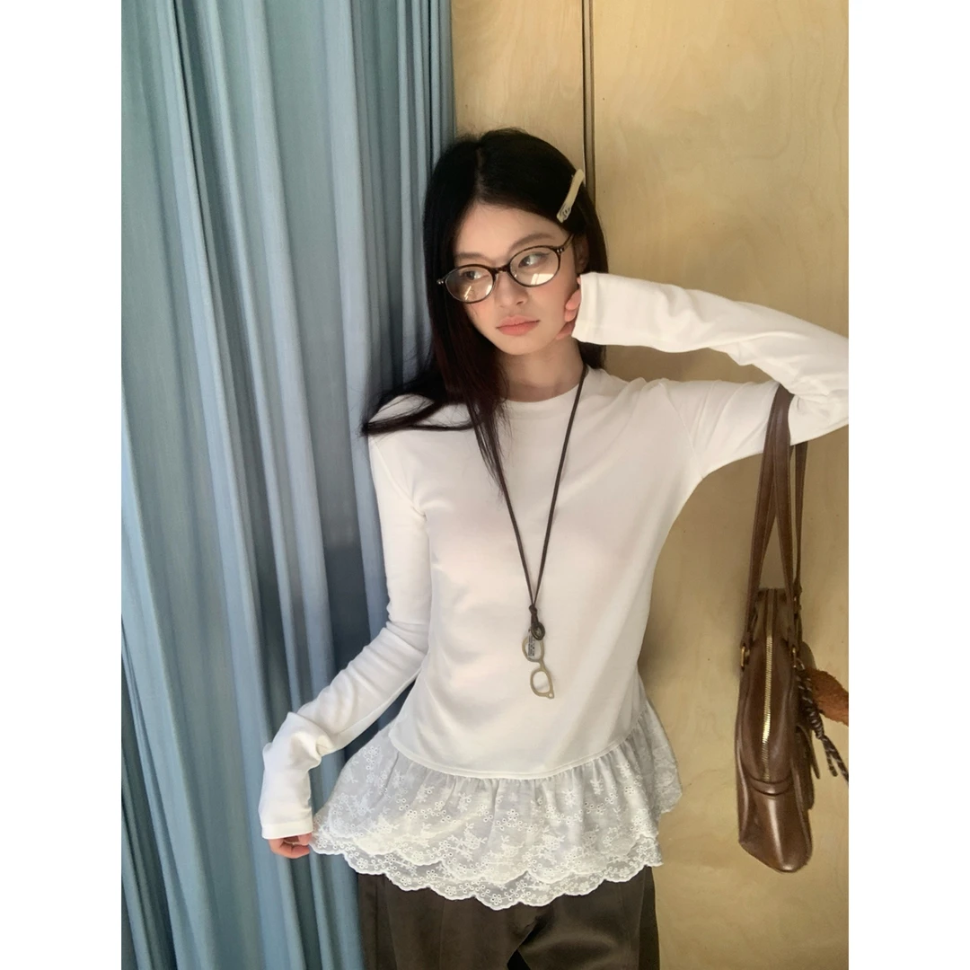 白色蕾丝花边内搭打底衫女早秋修身显瘦百搭时尚长袖t恤上衣
