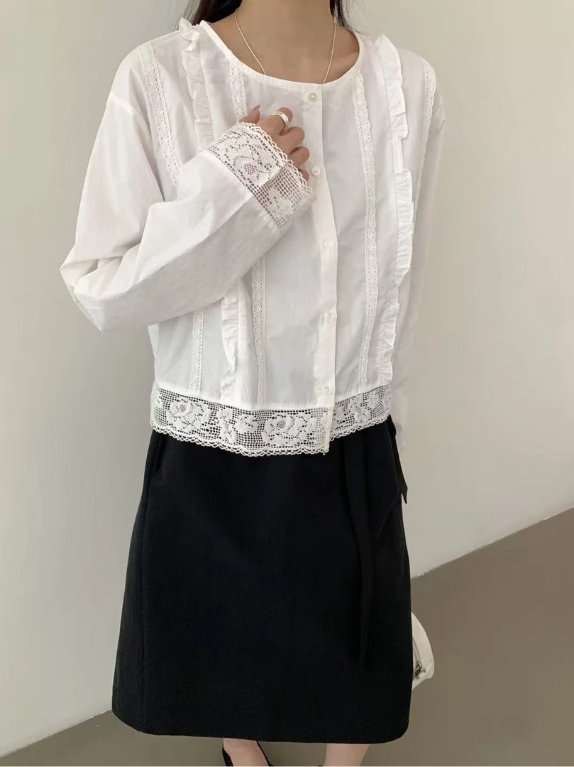 lovely@S9098 韩系甜美重工蕾丝花边拼接小衫 5-25