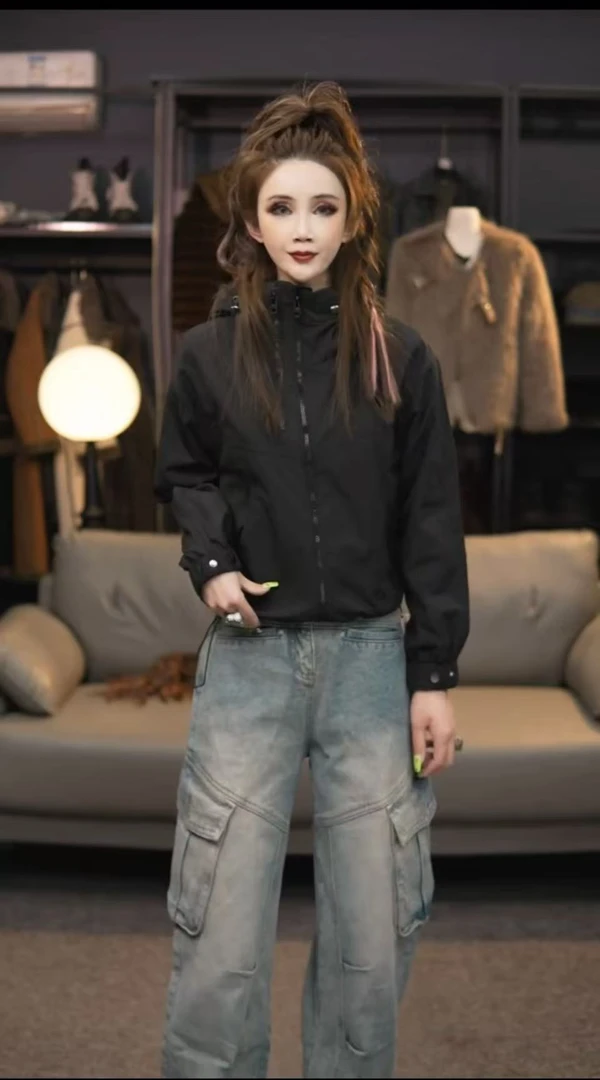 春季设计感双拉链连帽外套女小众百搭夹克显瘦洋气休闲冲锋衣INS