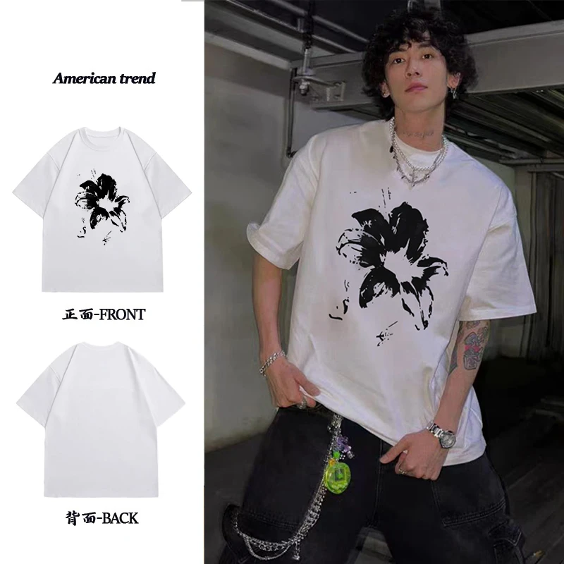 夏季高街潮流花朵印花纯棉重磅短袖宽松休闲简约小众T恤男女同款