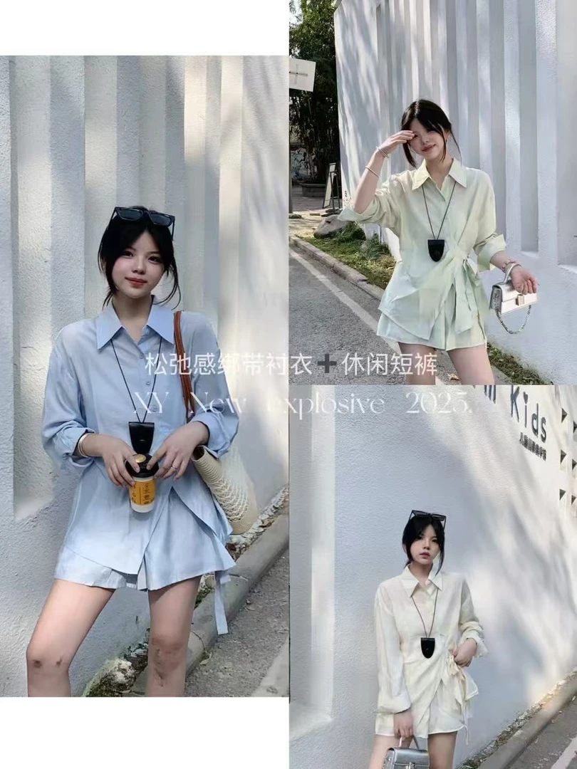 2025夏季新品时尚百搭气质优雅修身显瘦衬衫+短裤套装女士-608