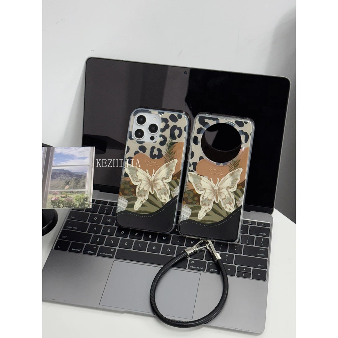 【壳之】灰彩蝴蝶黑豹纹拼接底适用苹果16/15/14/13手机壳华为mate