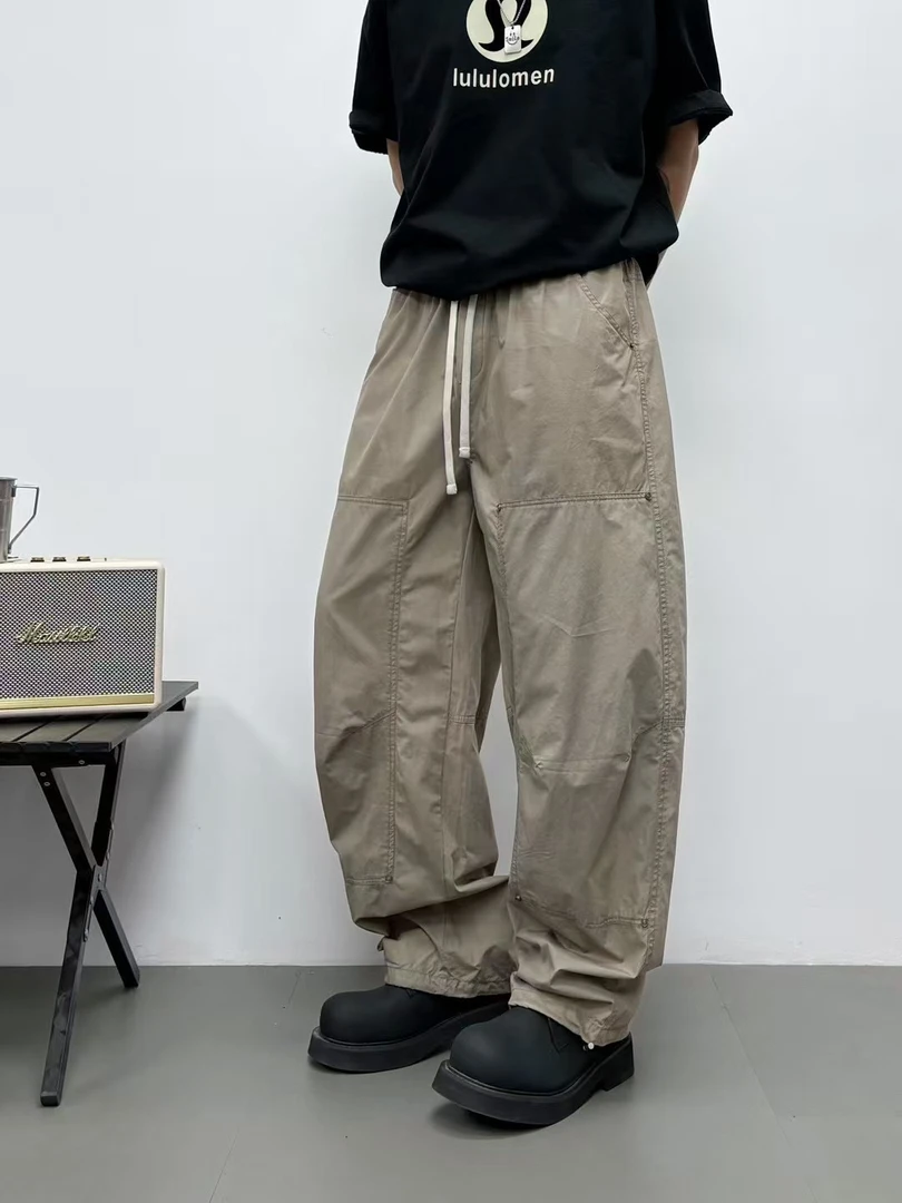 夏季纯色潮休闲裤卡其工装直筒裤裤子男士宽松抽绳复古高街
