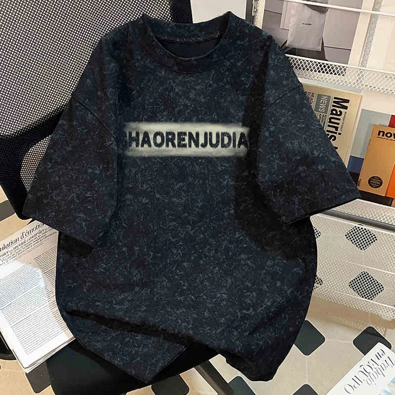 短袖T恤男重磅纯棉蜡染2025夏新款美式复古宽松圆领小众半袖上衣