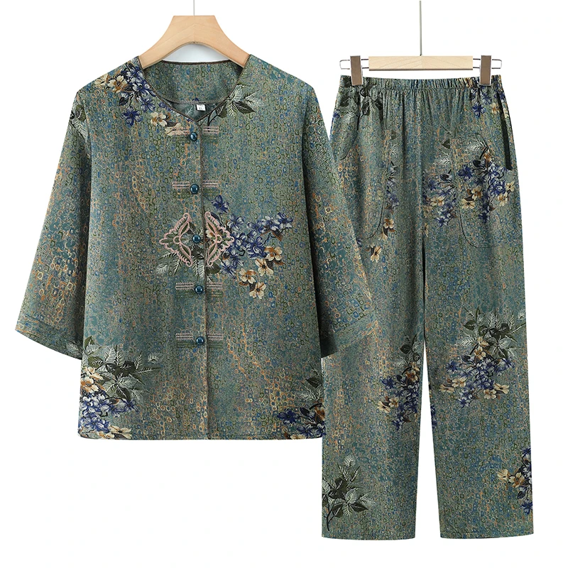 F229 妈妈装夏款开衫中袖套装中老年女洋气上衣松紧腰裤子两件套