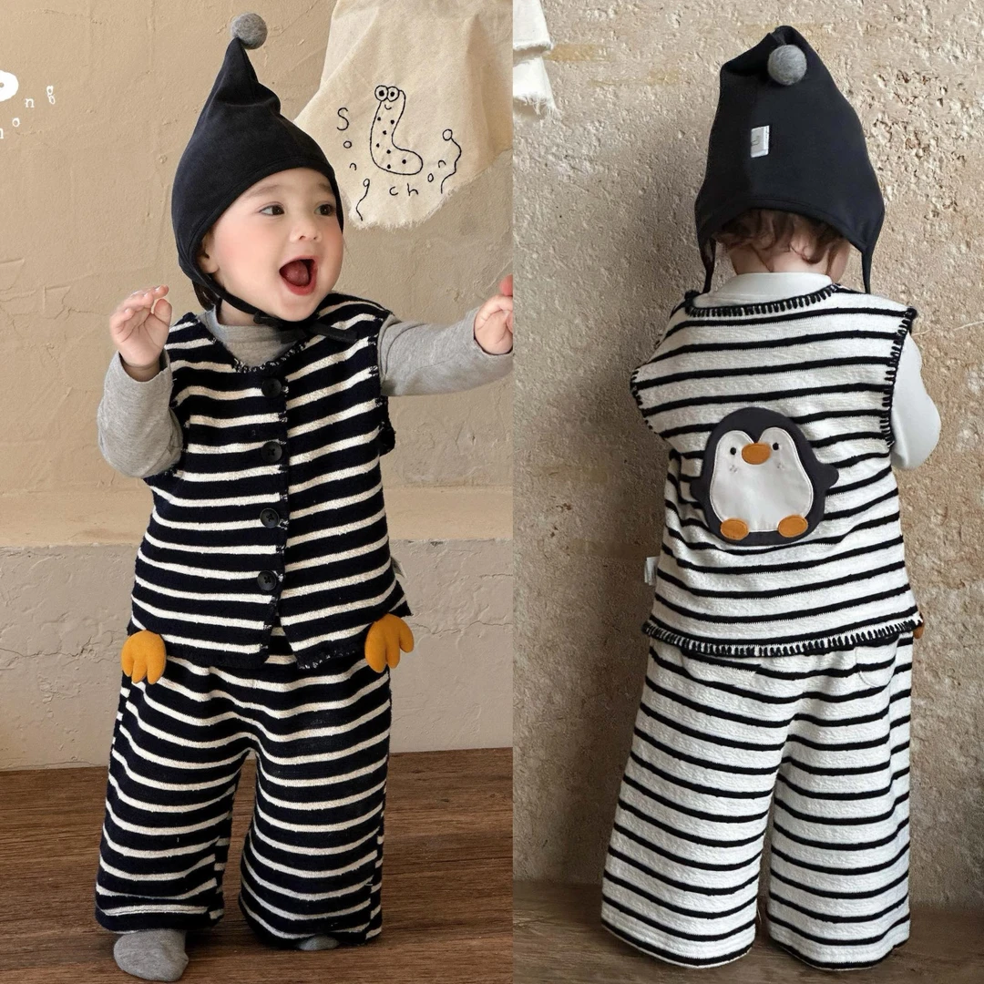 松虫春季新款企鹅条纹无袖休闲套装男女宝两件套百搭打底衫软萌套