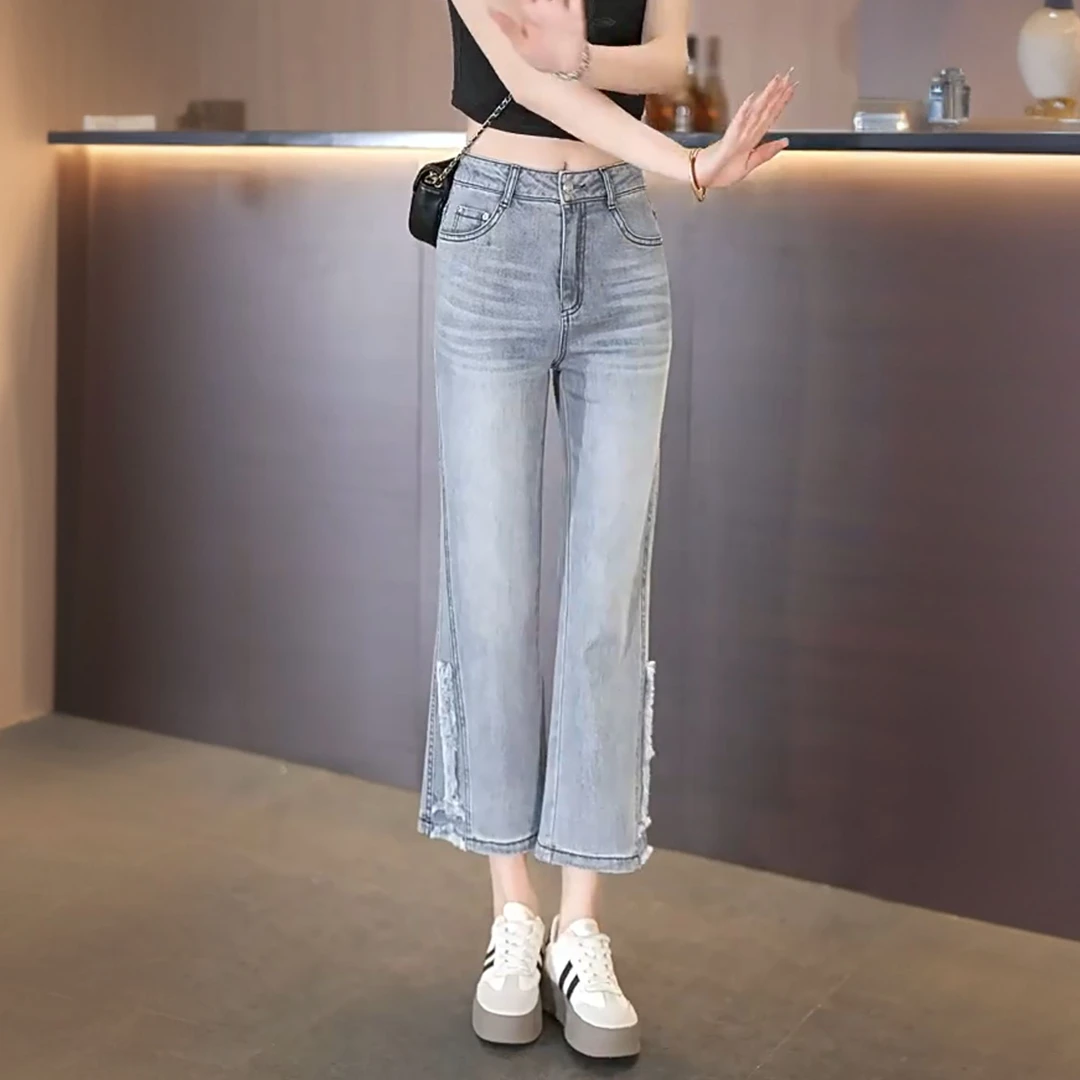 2025年新款夏季薄款烟灰色微喇牛仔裤女辣妹小个子八九分喇叭裤子