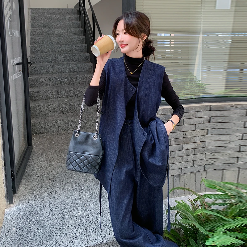 酷飒拽姐牛仔马甲套装女开春韩系慵懒松弛感宽松休闲阔腿裤一整套