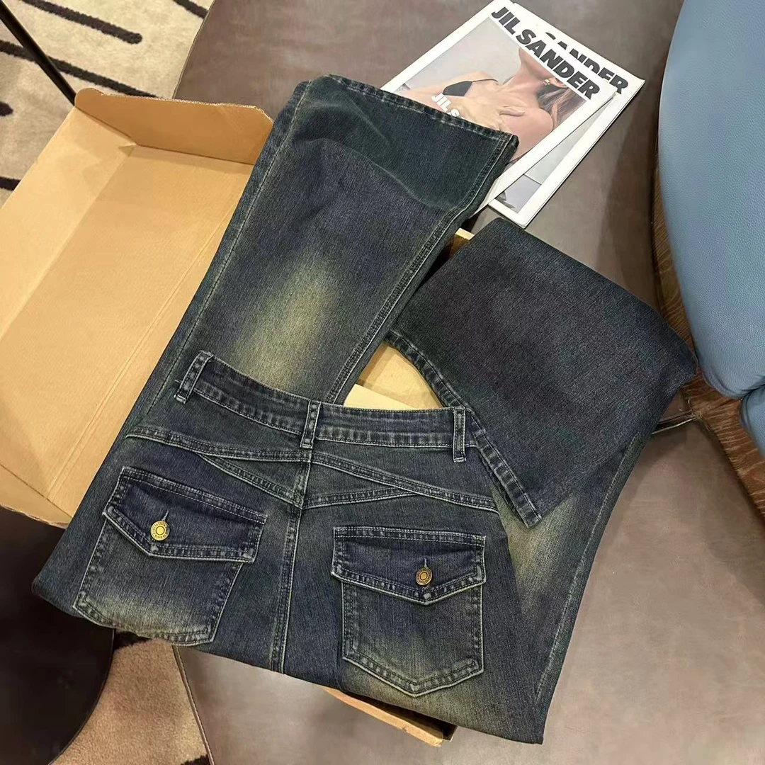 【暗金蓝】高腰微喇叭牛仔裤女高个子经典微宽松2025早秋新款显瘦裤