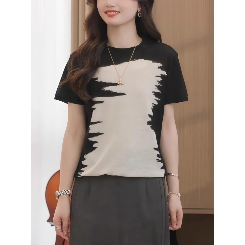 薄款黑白不规则图案针织短袖t恤女夏季新款休闲宽松独特显瘦上衣