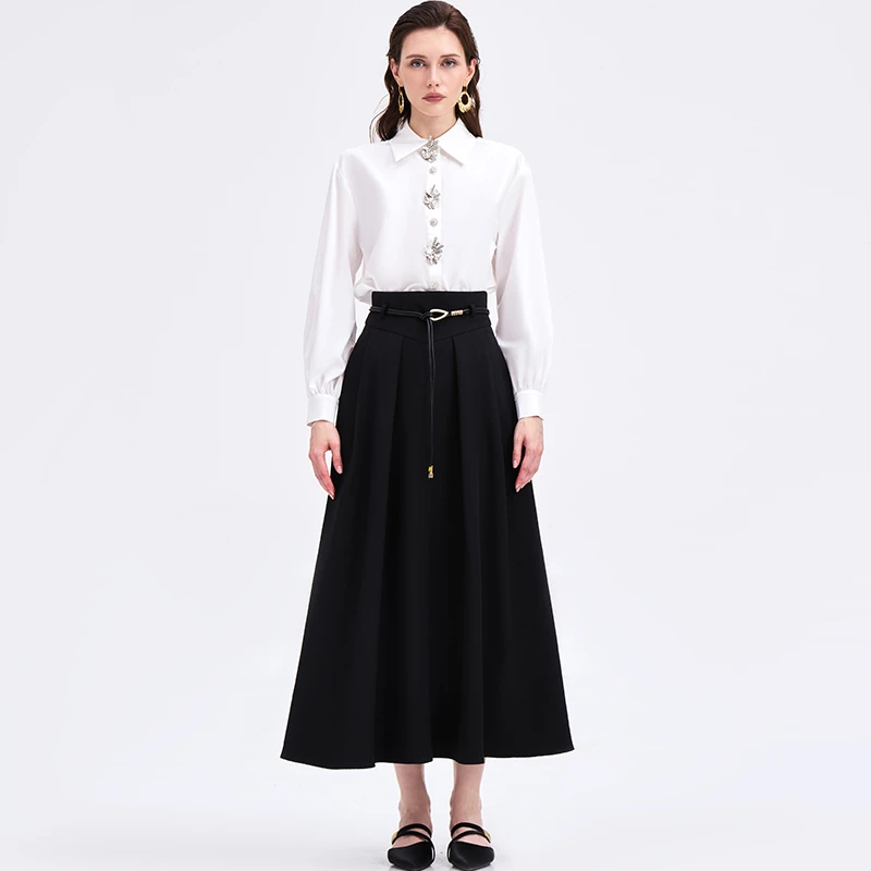 【睿恩专属】AUI黑色设计感高腰半身裙修身百搭长裙伞裙-25W149731