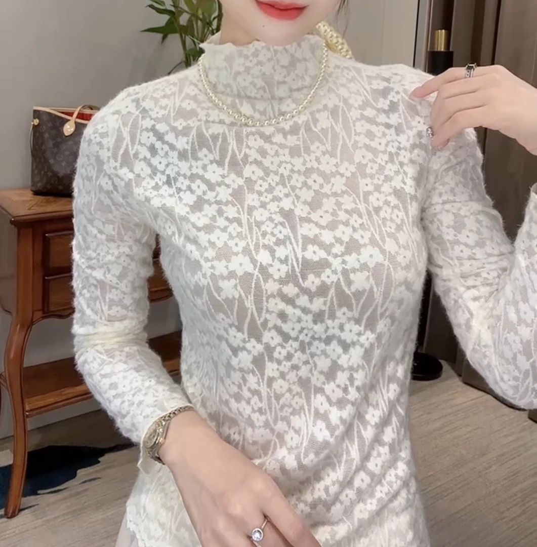 秋冬新款细腻亲肤蕾丝半高领长袖可外穿内搭打底T恤