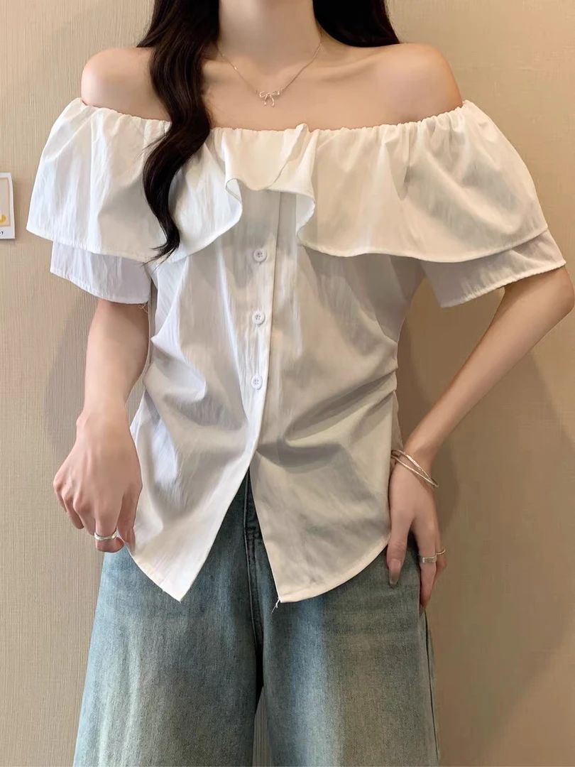 756大码新款荷叶边女新款夏季胖MM显瘦高级感短袖一字肩上衣