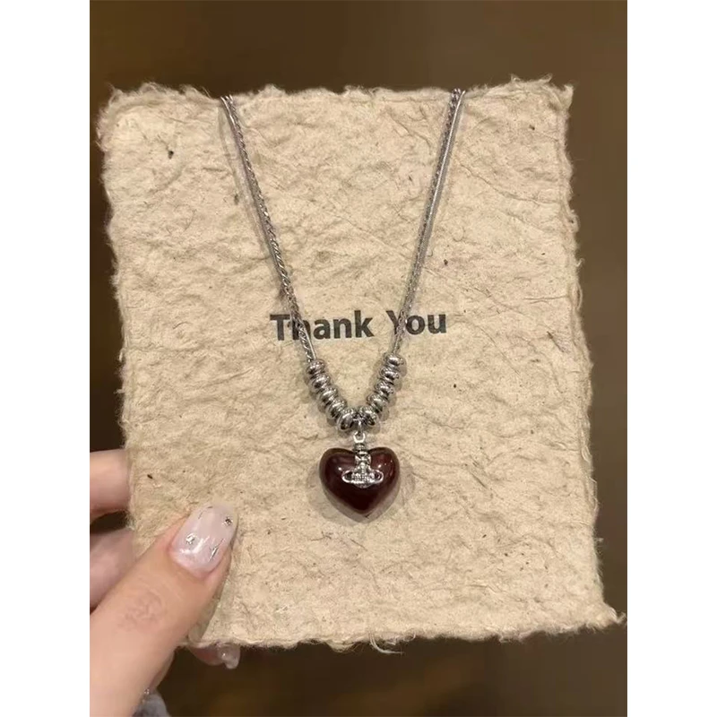 钛钢合成锆石项链 土星爱心串珠项链女甜酷辣妹叠戴毛衣链小众