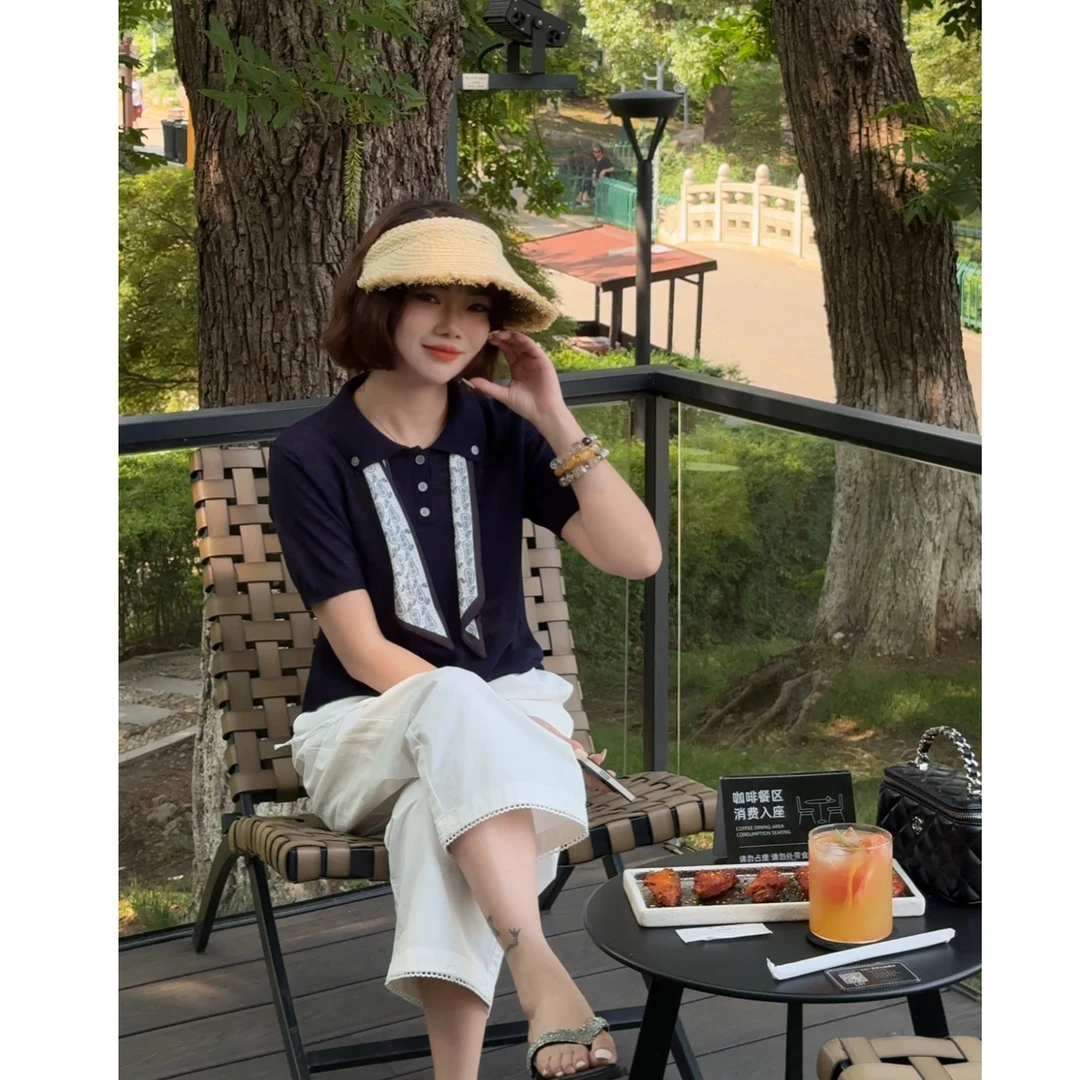 玳妮【温柔模范】夏季POLO领重工丝带短袖线衫三粒扣套头透气针织衫