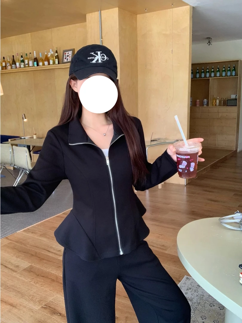 荷叶边收腰长袖上衣➕高腰垂感阔腿裤子两件套