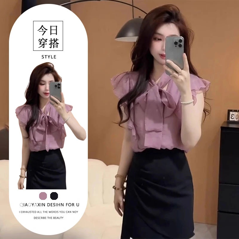 法式设计感小众蝴蝶结雪纺衬衫女夏季2025新款洋气减龄短裙两件套