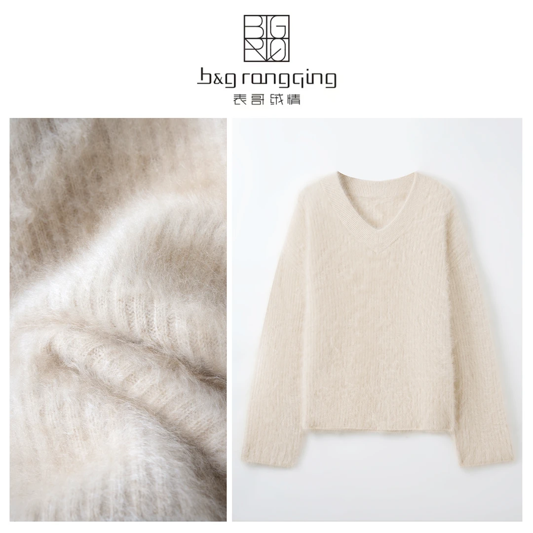 表哥绒情【一见钟情】100山羊绒秋冬新款V领元宝针米色纯色羊绒衫