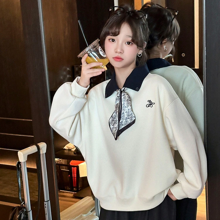 女童春秋款卫衣2025新款女大童洋气时髦儿童秋装polo领学院风上衣