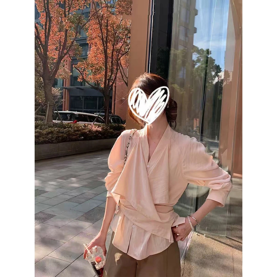 甜粿妹妹慵懒交叉绑带多结构设计感收腰廓形感衬衫时尚长袖上衣